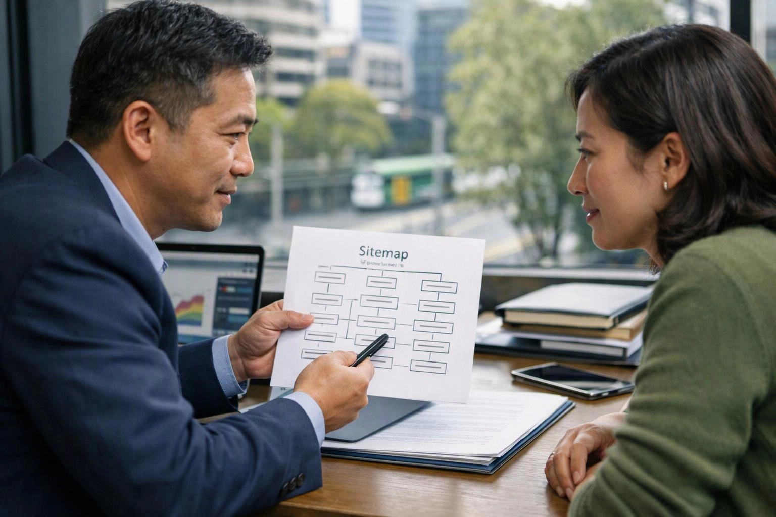Two people at a desk review a paper labeled “Sitemap” in a bright office by a window