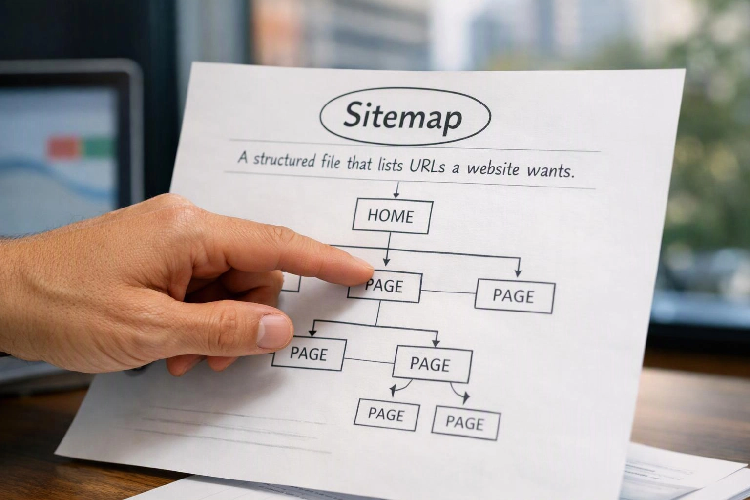 A hand points to a printed sitemap diagram on paper beside a computer screen on a desk