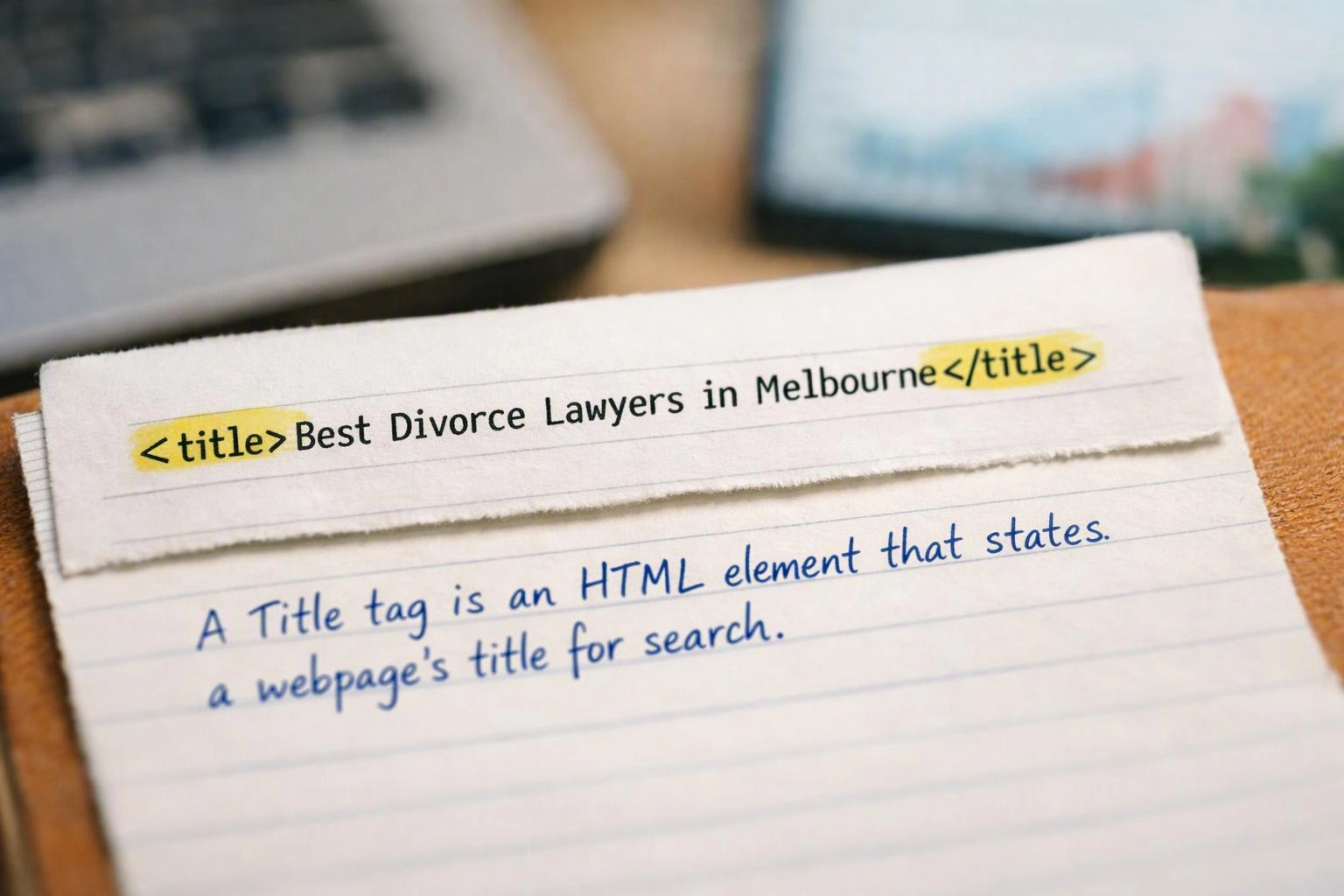 A handwritten note shows the HTML title tag with highlighted text on a lined page over a desk