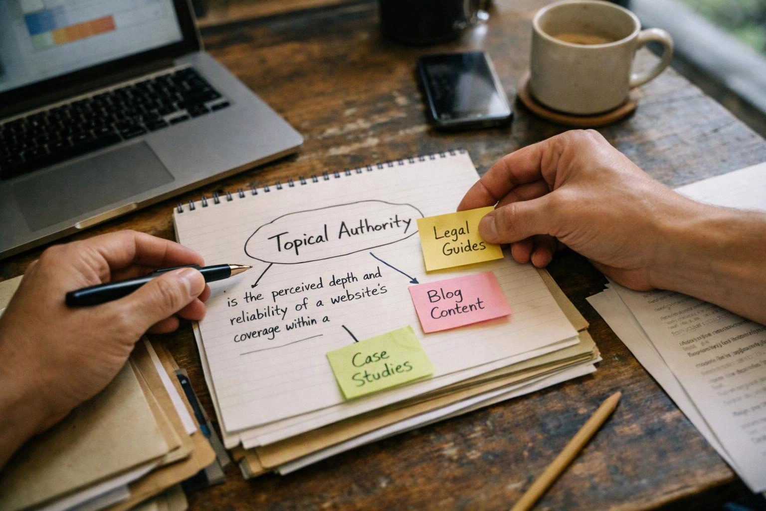 Hands arrange sticky notes around a notebook diagram on a desk with a laptop, phone, and coffee mug