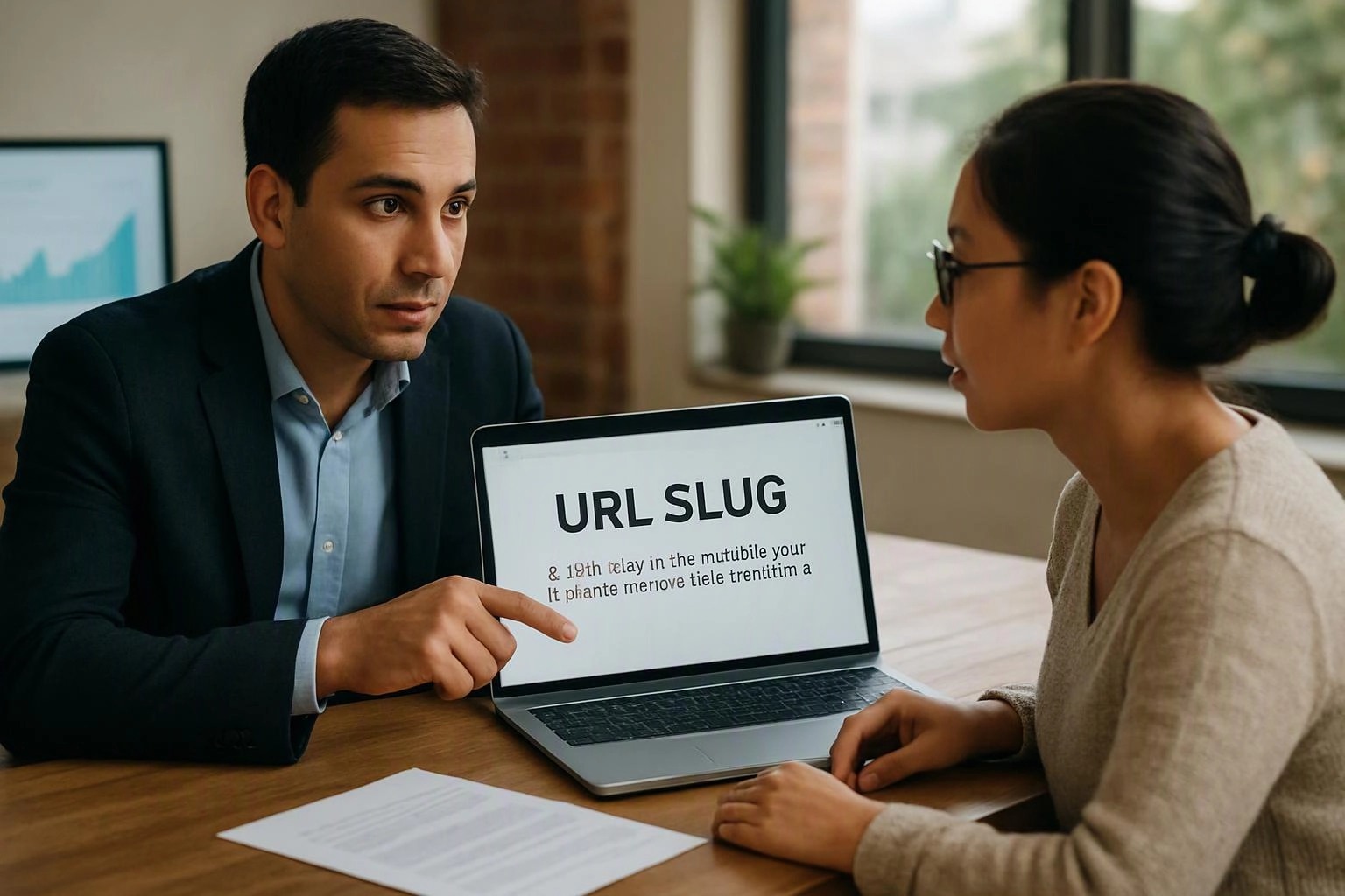 Two people discuss a laptop screen showing “URL SLUG” at a wooden table in an office-like room