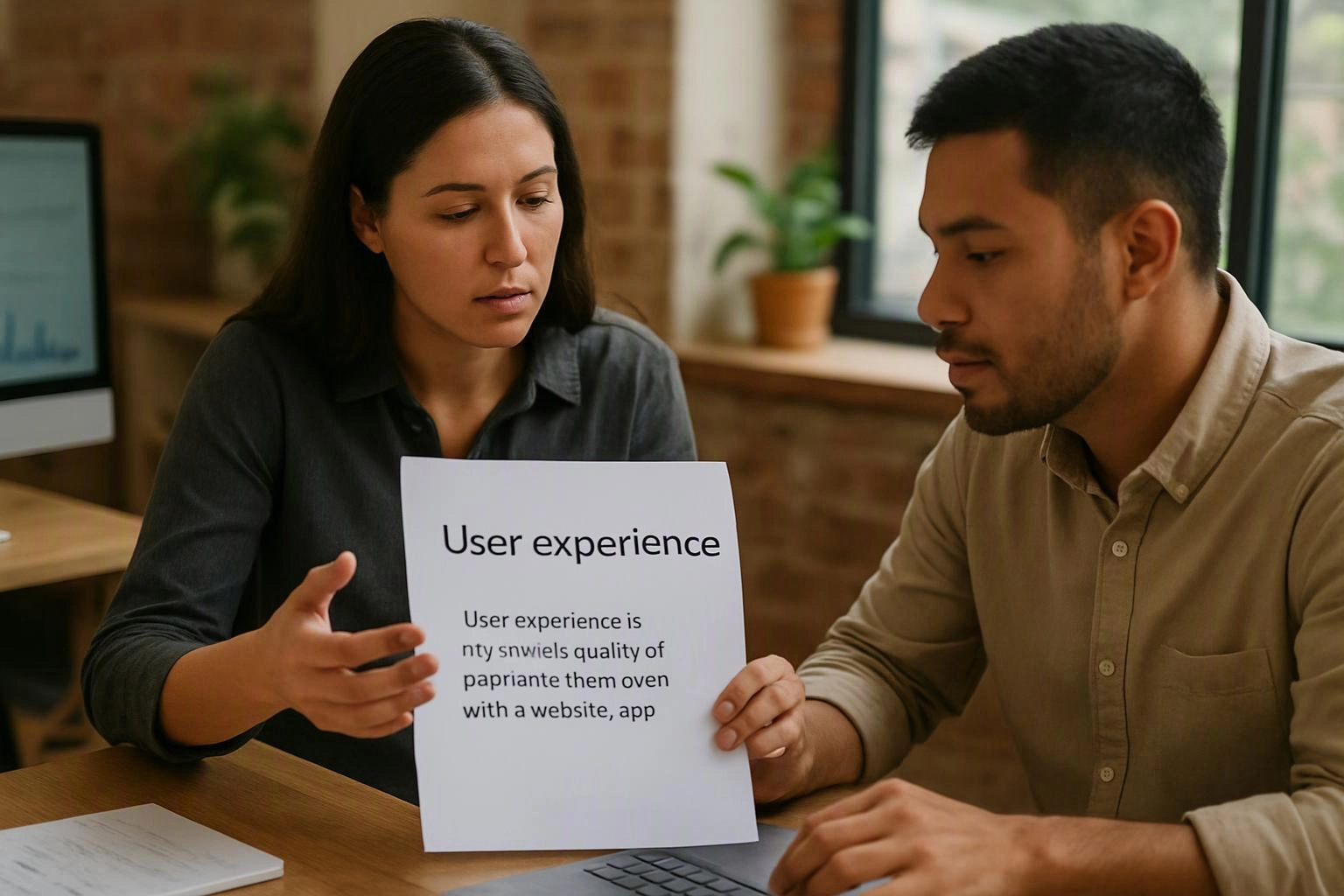 Two people review a printed page titled User experience at a desk in a bright office