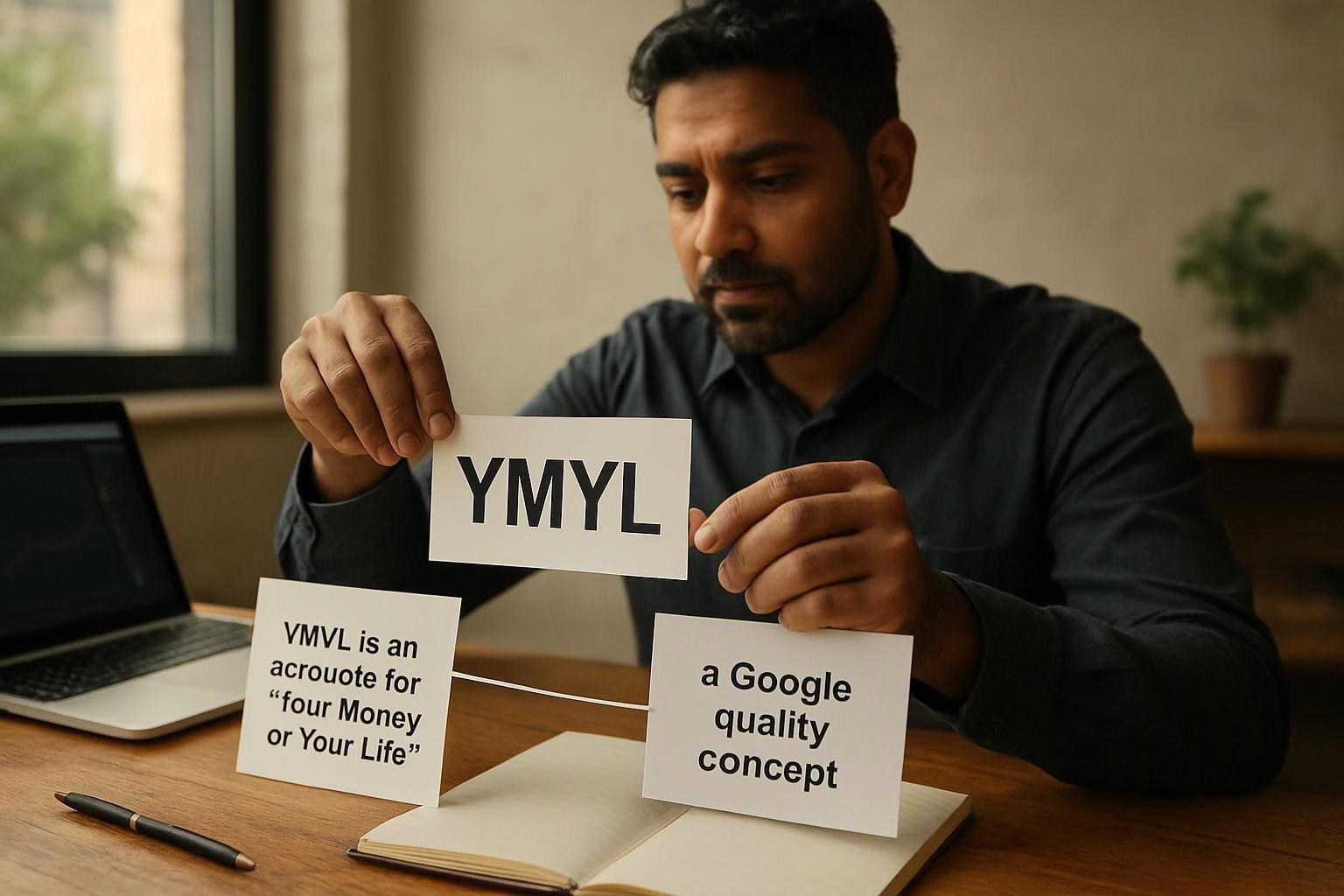 A man at a desk holds a card labeled “YMYL” beside other cards and an open notebook