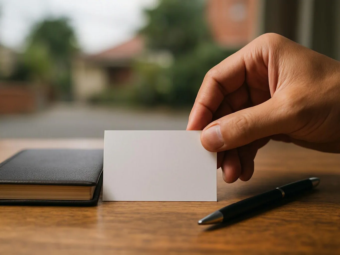 A hand holds a blank white card beside a black notebook and pen on a wooden table