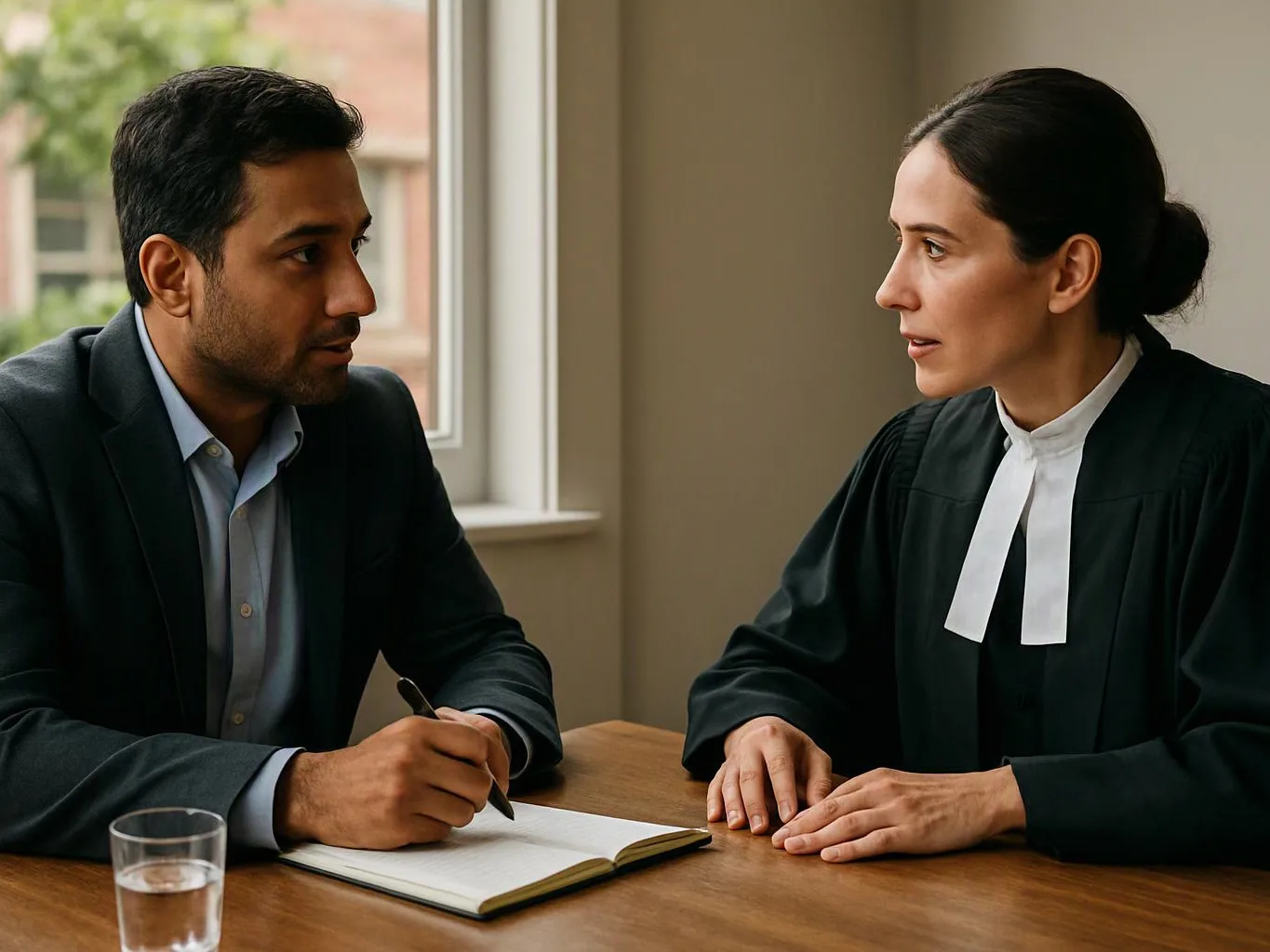 A man writes in a notebook while speaking with a woman in a black robe at a wooden table by a window