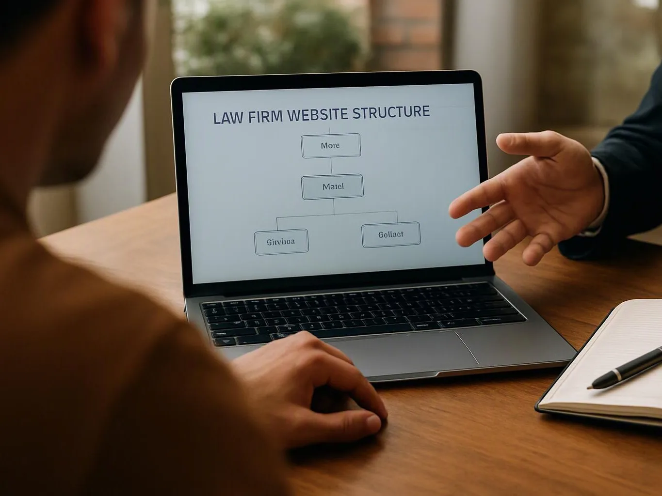 A laptop shows a website structure diagram while two people gesture over a wooden table in a meeting room