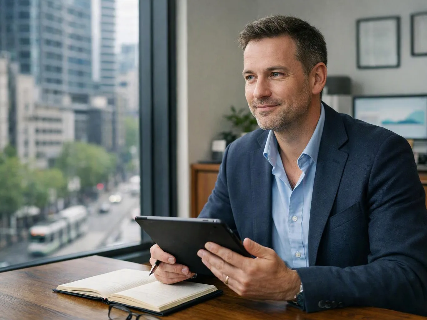 A man in a navy blazer sits at a desk, holding a tablet beside an open notebook by a window with city buildings outside
