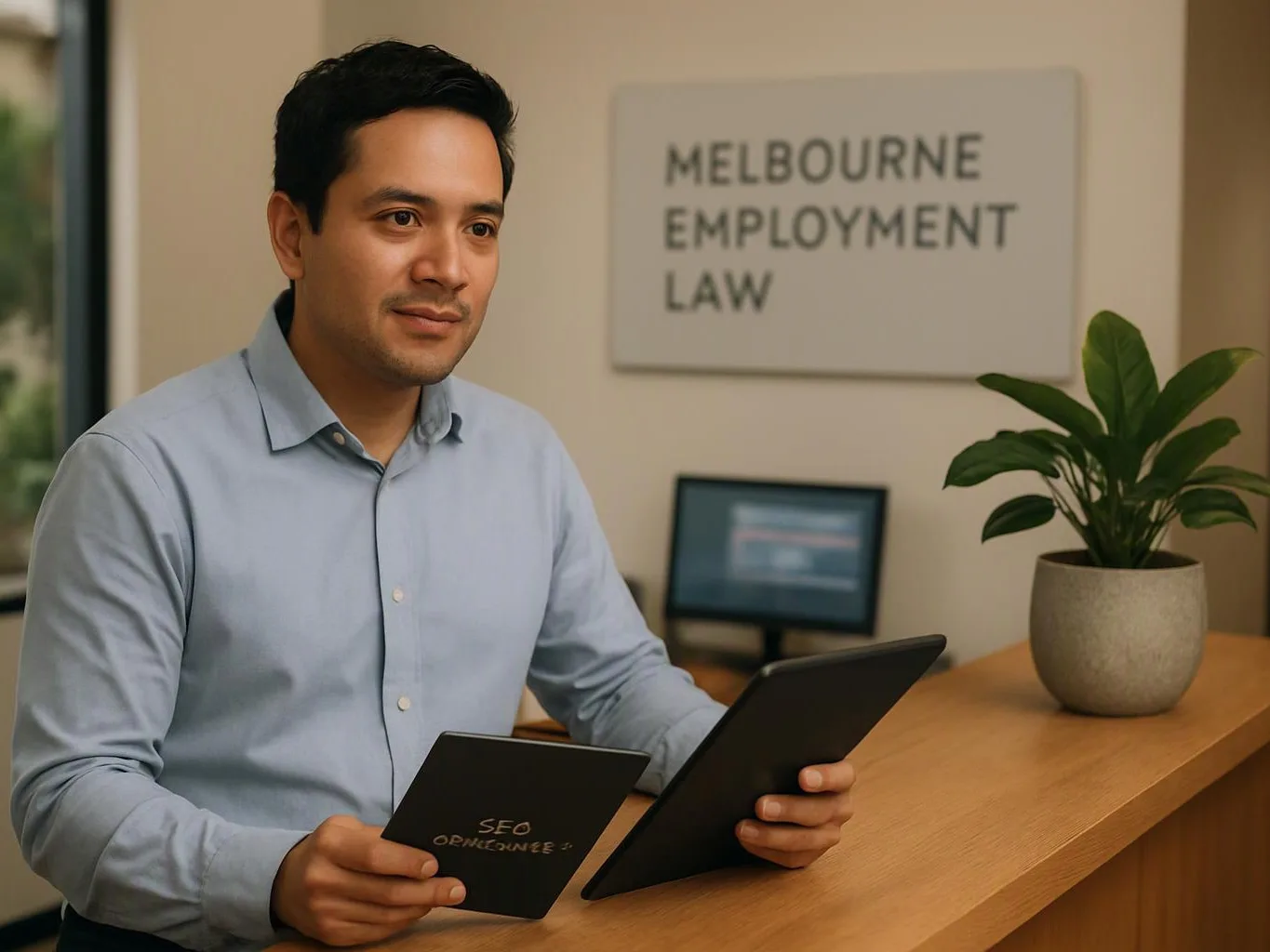 A man sits at a wooden desk holding two black tablets in a small office with a potted plant and a wall sign