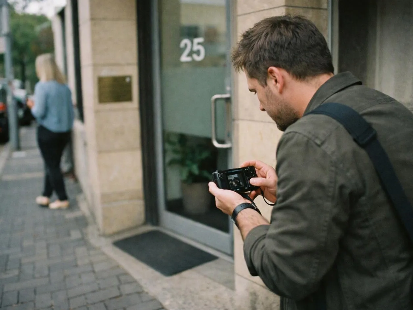 A man studies a camera outside a glass door marked 25 on a city sidewalk
