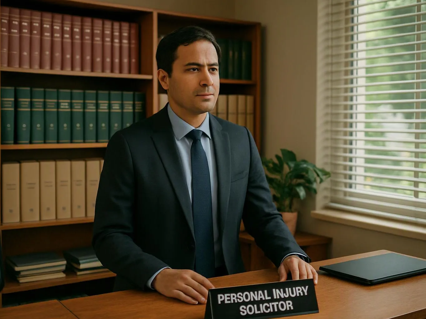A man in a suit stands behind a desk in an office, with bookshelves, blinds, and a laptop nearby