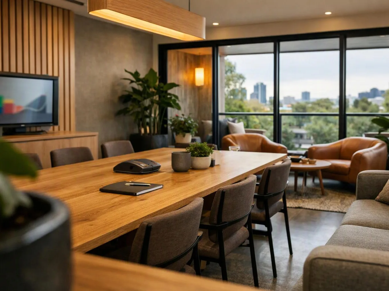 A modern conference room with a long wooden table, chairs, plants, and city views through large windows