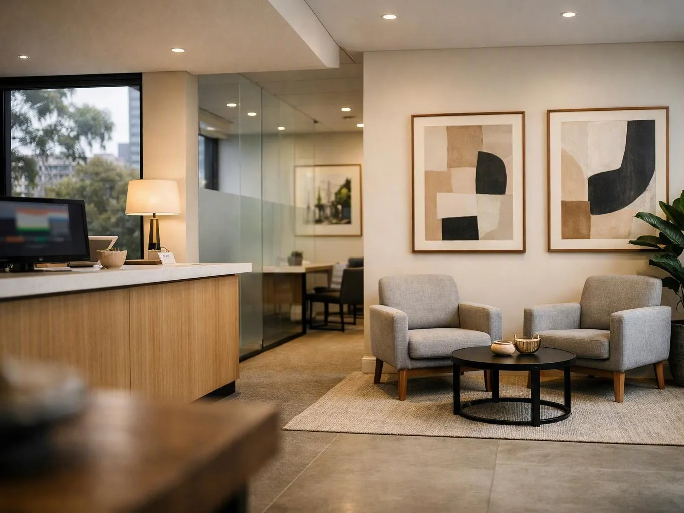 A modern office lobby with a reception desk, two gray chairs, a round table, and abstract wall art