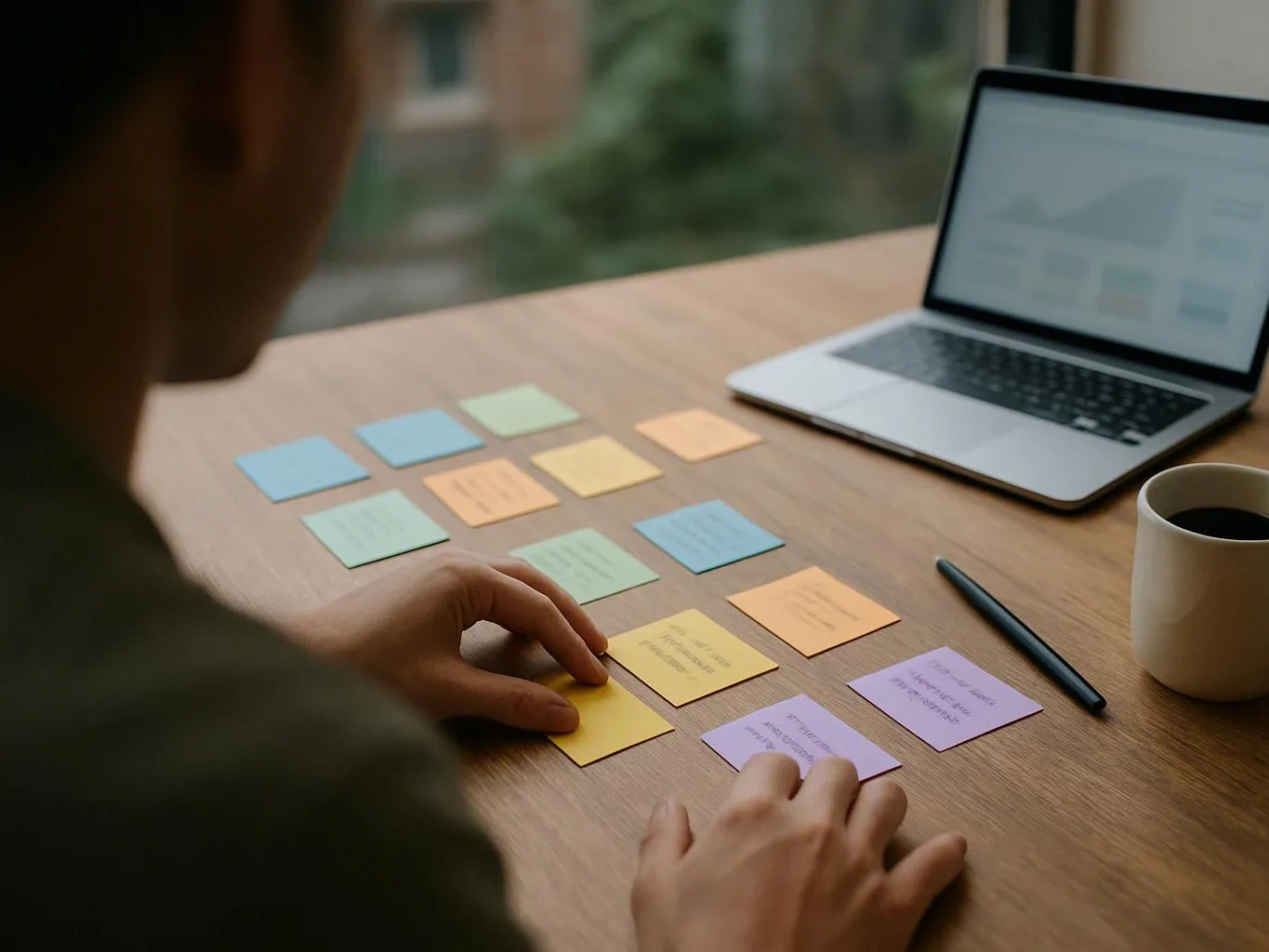 A person arranges colorful sticky notes beside a laptop, pen, and coffee mug on a wooden table