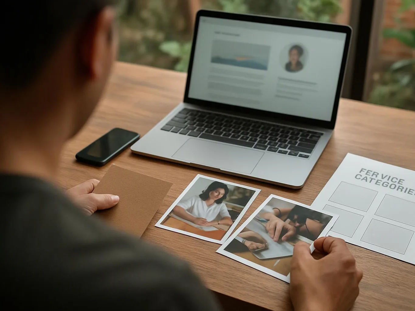 A person arranges printed photos beside a laptop and a category worksheet on a wooden table