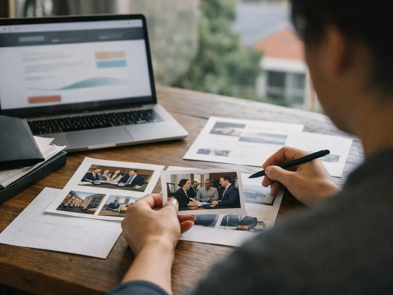 A person reviews printed photos and points with a pen beside a laptop on a wooden table