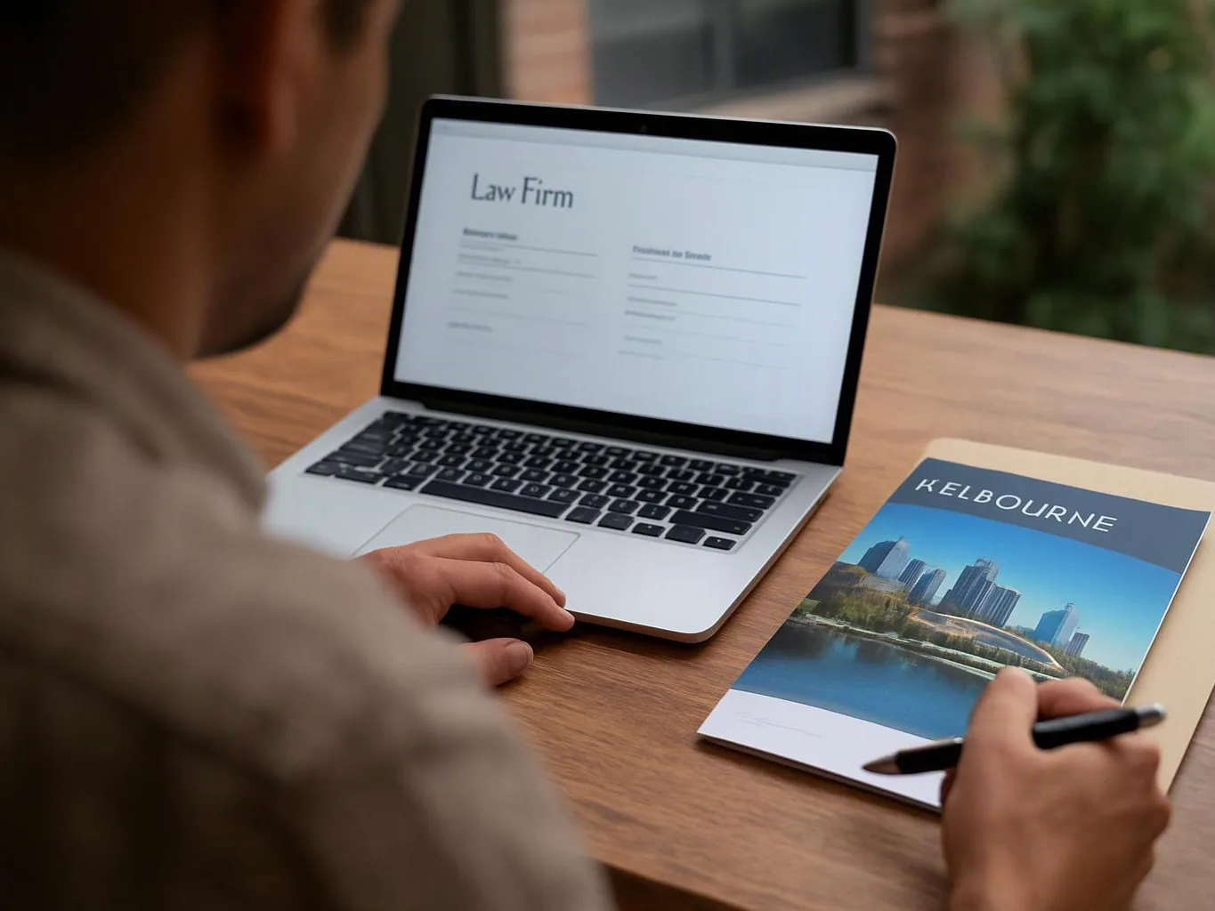 A person sits at a wooden desk using a laptop beside a city brochure and pen
