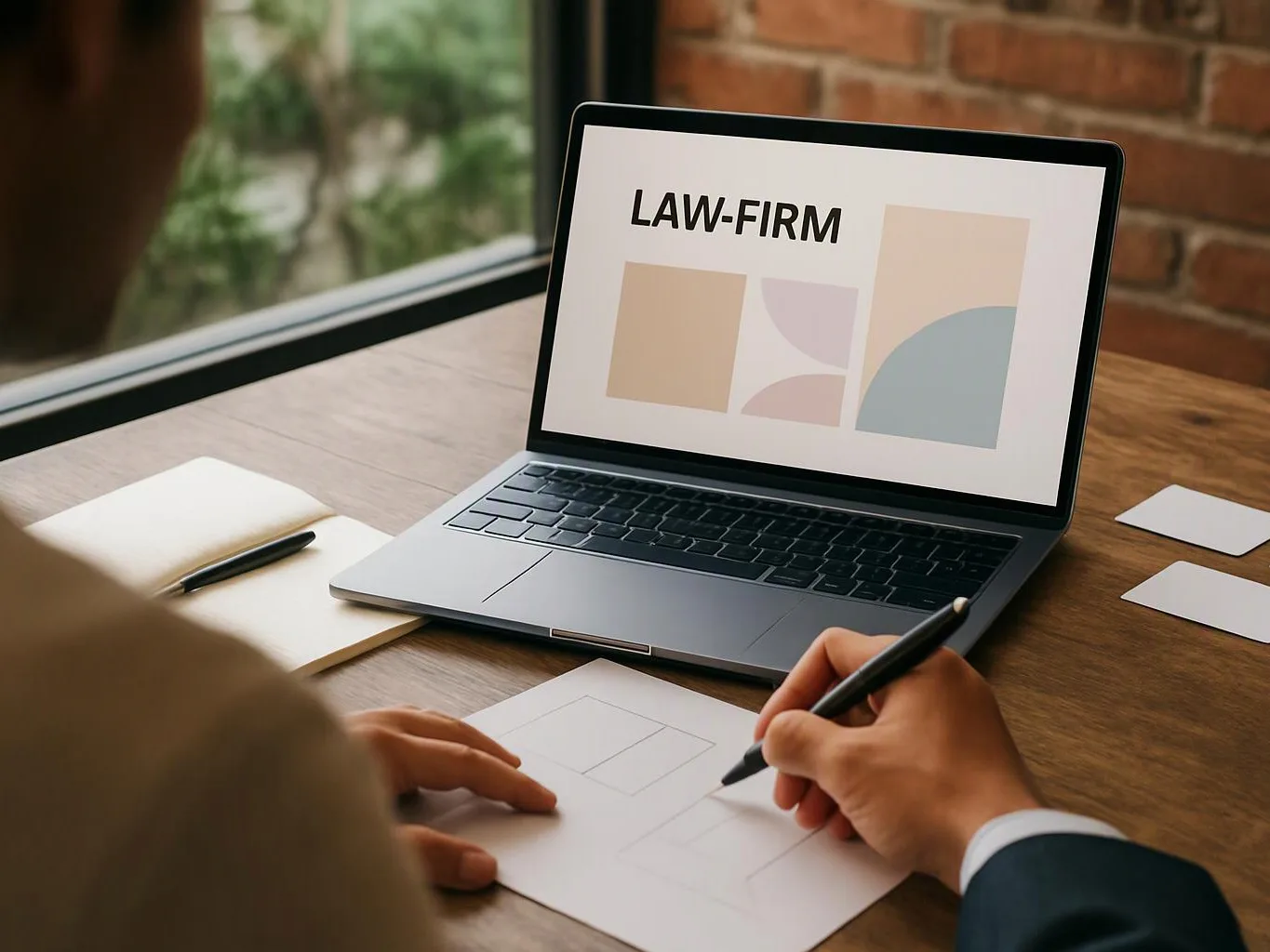 A person sketches layouts on paper beside a laptop showing “LAW-FIRM” and simple design blocks on a wooden desk