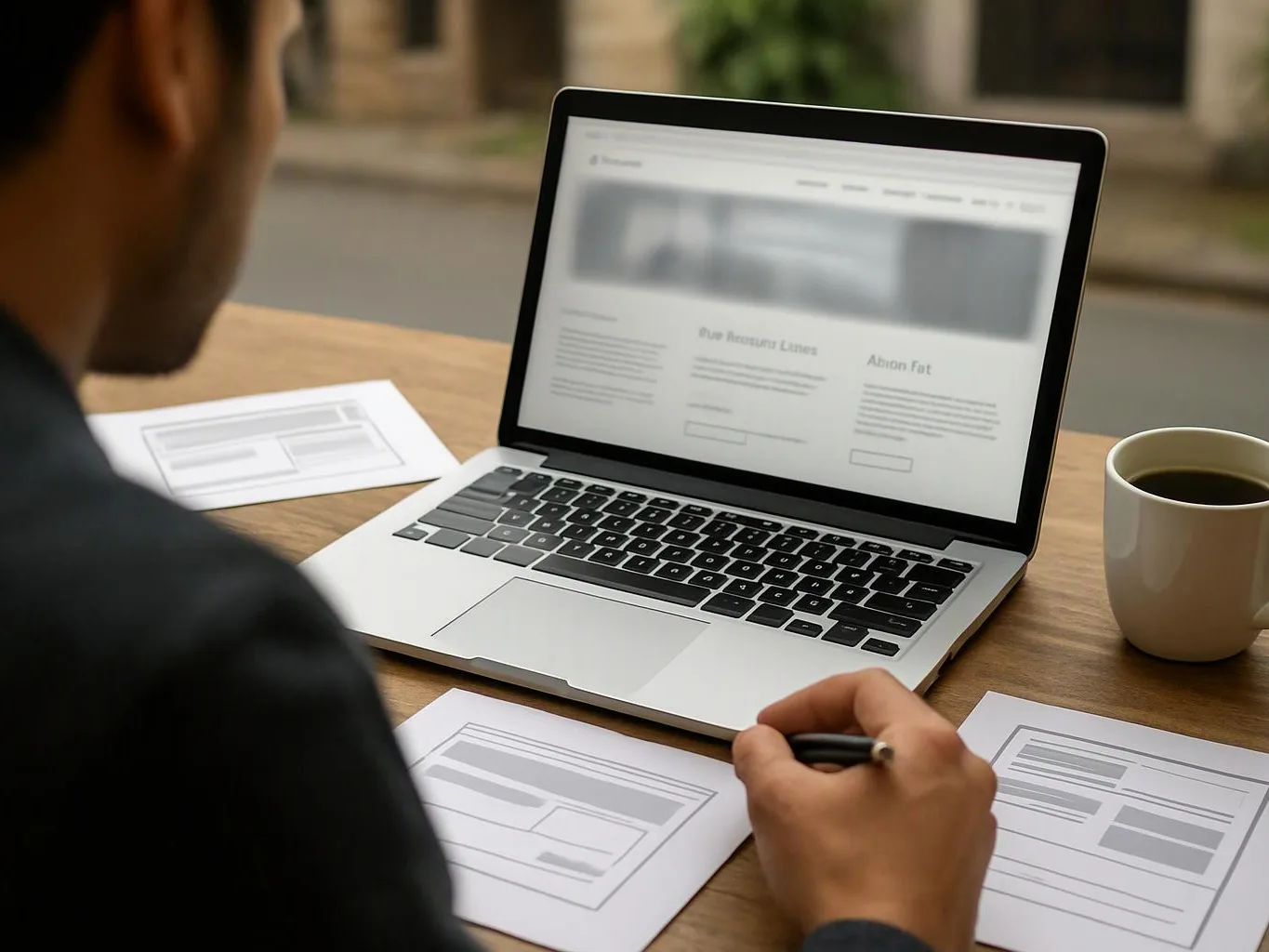 A person sketches website wireframes beside a laptop showing a blurred webpage, with a coffee mug on the table