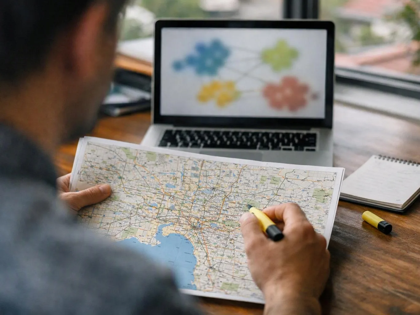 A person studies a paper map and marks it with a yellow highlighter beside a laptop on a desk