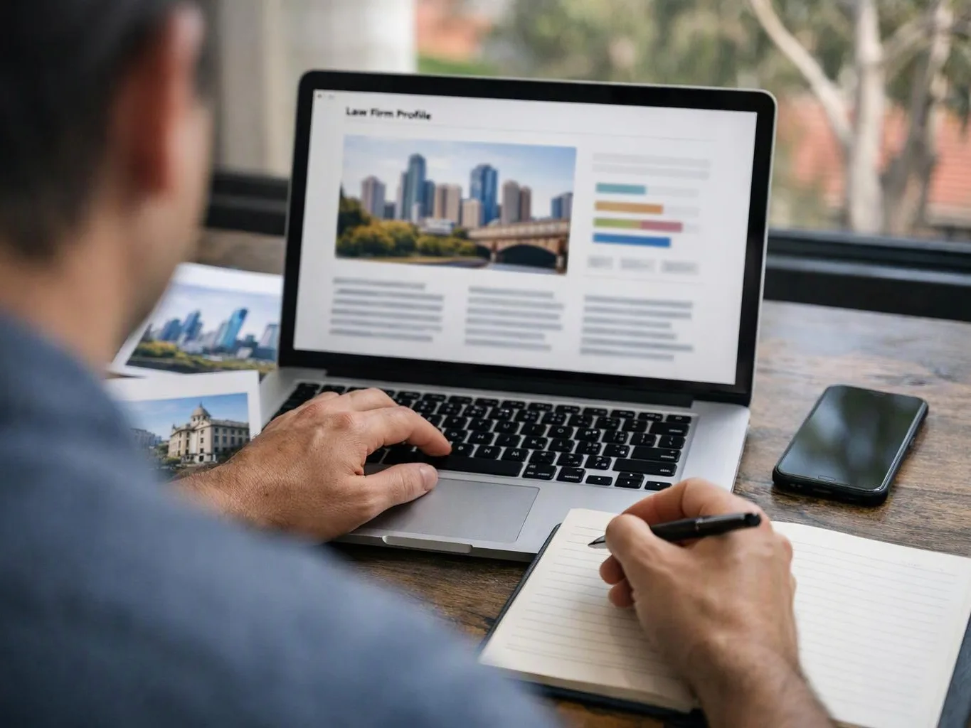 A person types on a laptop showing a “Law Firm Profile” page while taking notes at a desk