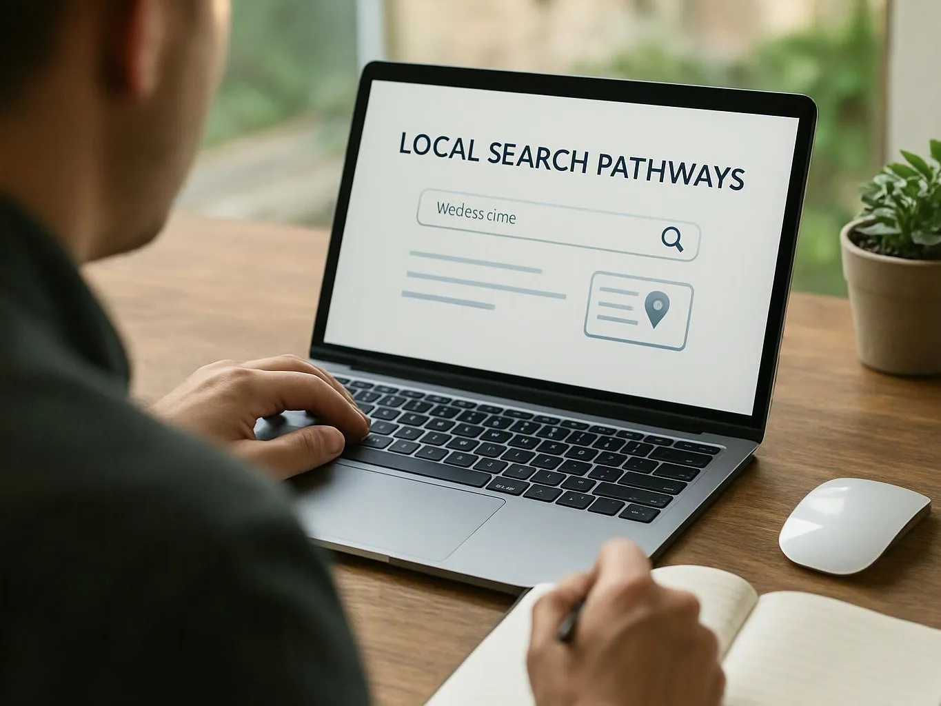 A person uses a laptop showing “LOCAL SEARCH PATHWAYS,” with a notebook, mouse, and potted plant on the desk