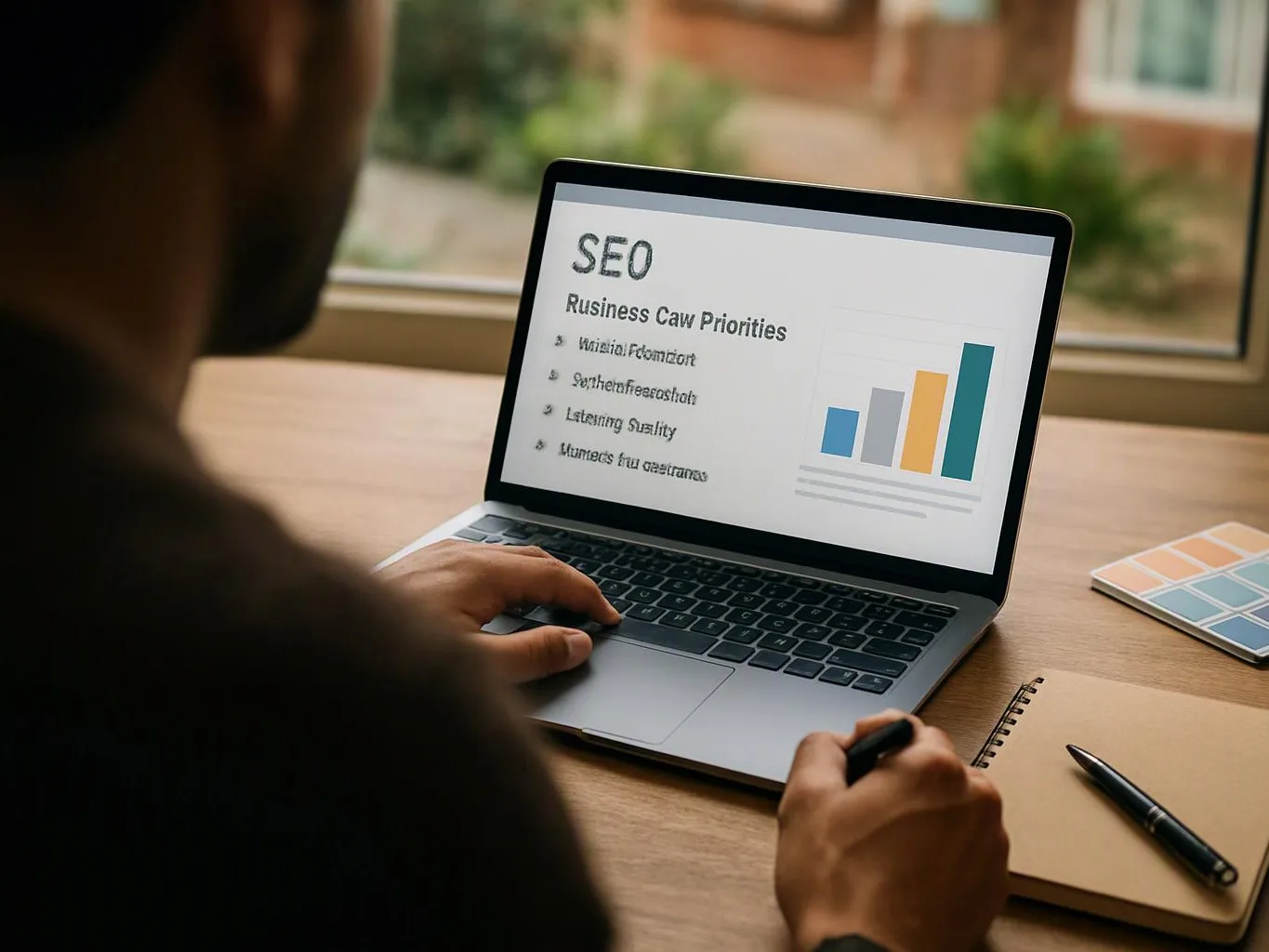 A person works on a laptop showing an SEO chart and priorities beside a notebook and pen on a desk