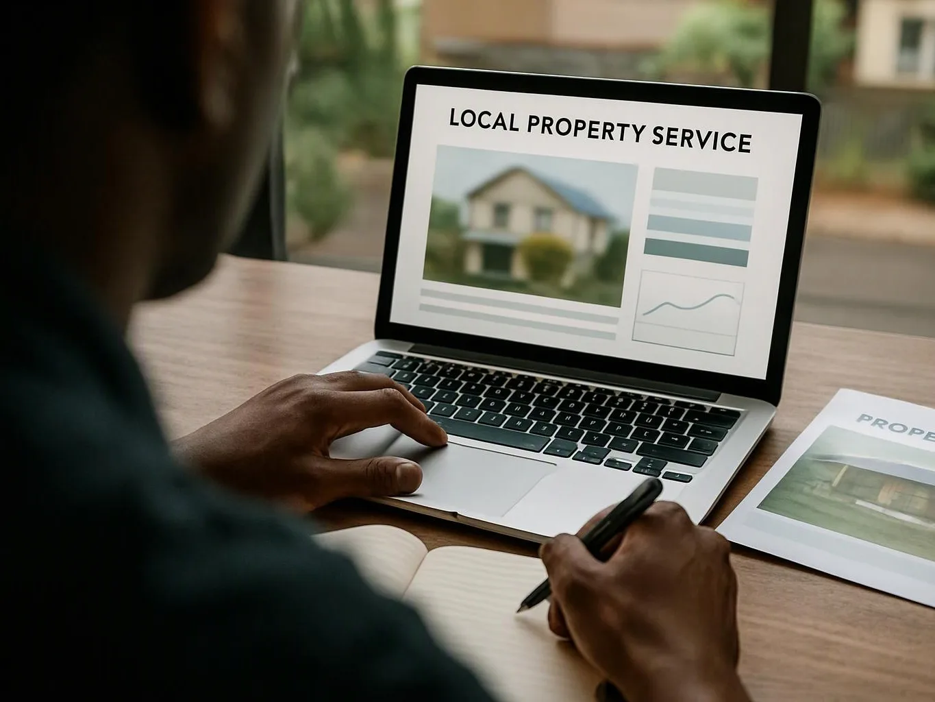 A person writes beside a laptop showing a property service page and a house photo at a desk