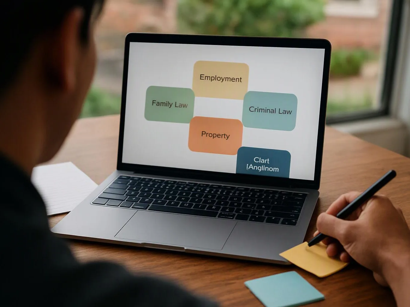 A person writes on a sticky note beside a laptop showing law category boxes on screen