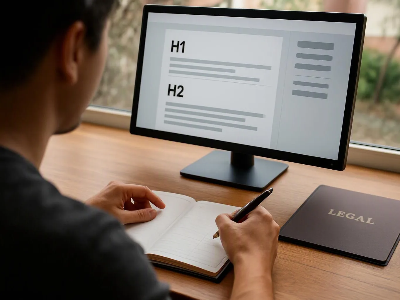 Person writing beside a monitor showing H1 and H2 headings