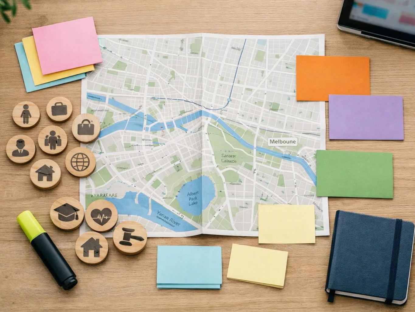 A printed city map sits on a wooden desk with colorful sticky notes and round wooden icon tokens around it