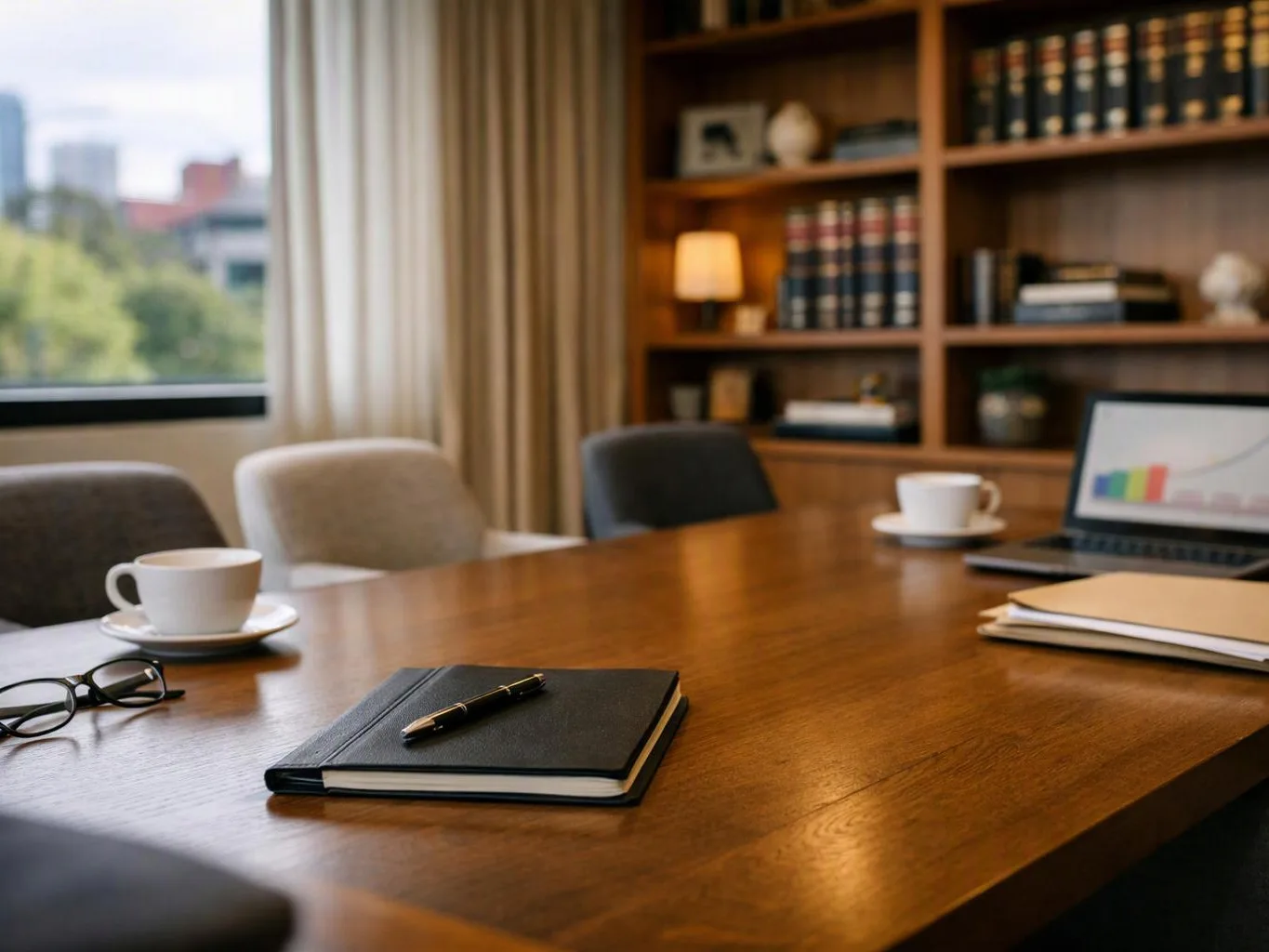 A quiet conference room has a wooden table with notebooks, coffee cups, glasses, and an open laptop near bookshelves