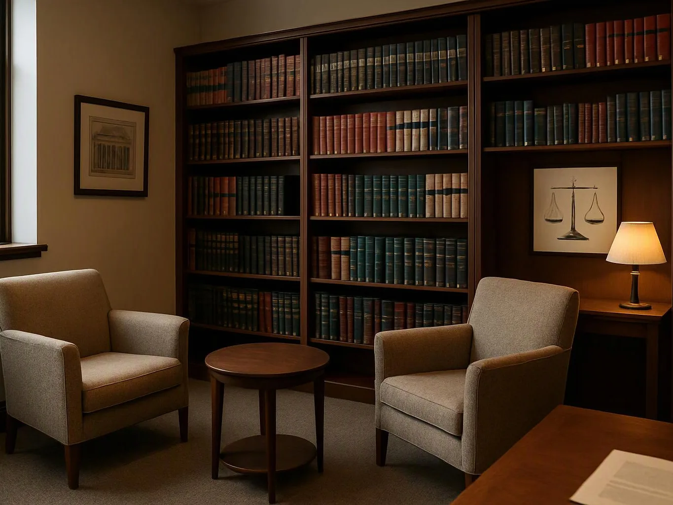 A quiet library room shows two beige armchairs, a round table, and tall bookcases beside a lamp-lit desk