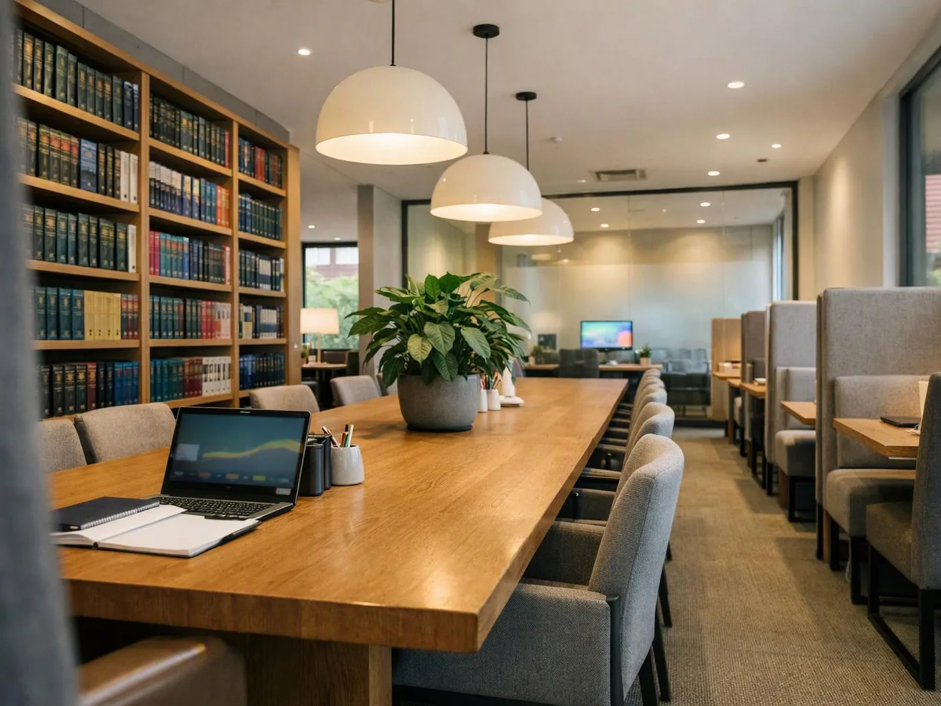 A quiet modern study room shows a long wooden table, bookshelves, chairs, and hanging dome lights