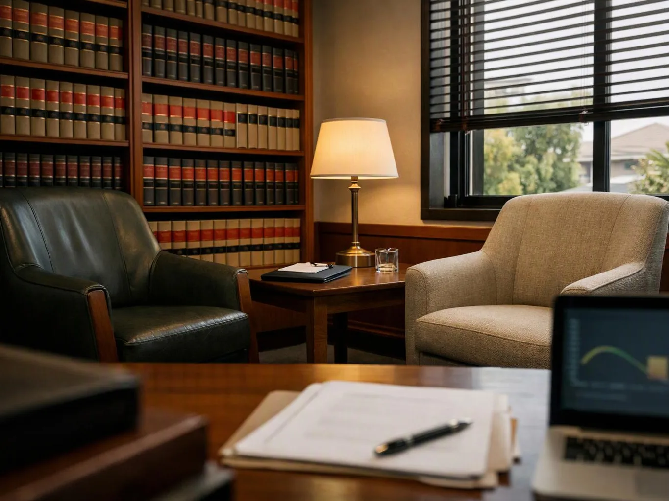 A quiet office with bookshelves, two chairs, a lamp, and a desk with papers and a laptop near a window