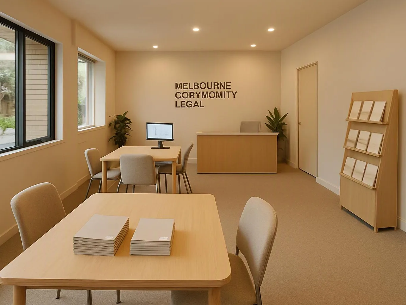 A quiet office reception with tables, chairs, plants, a computer