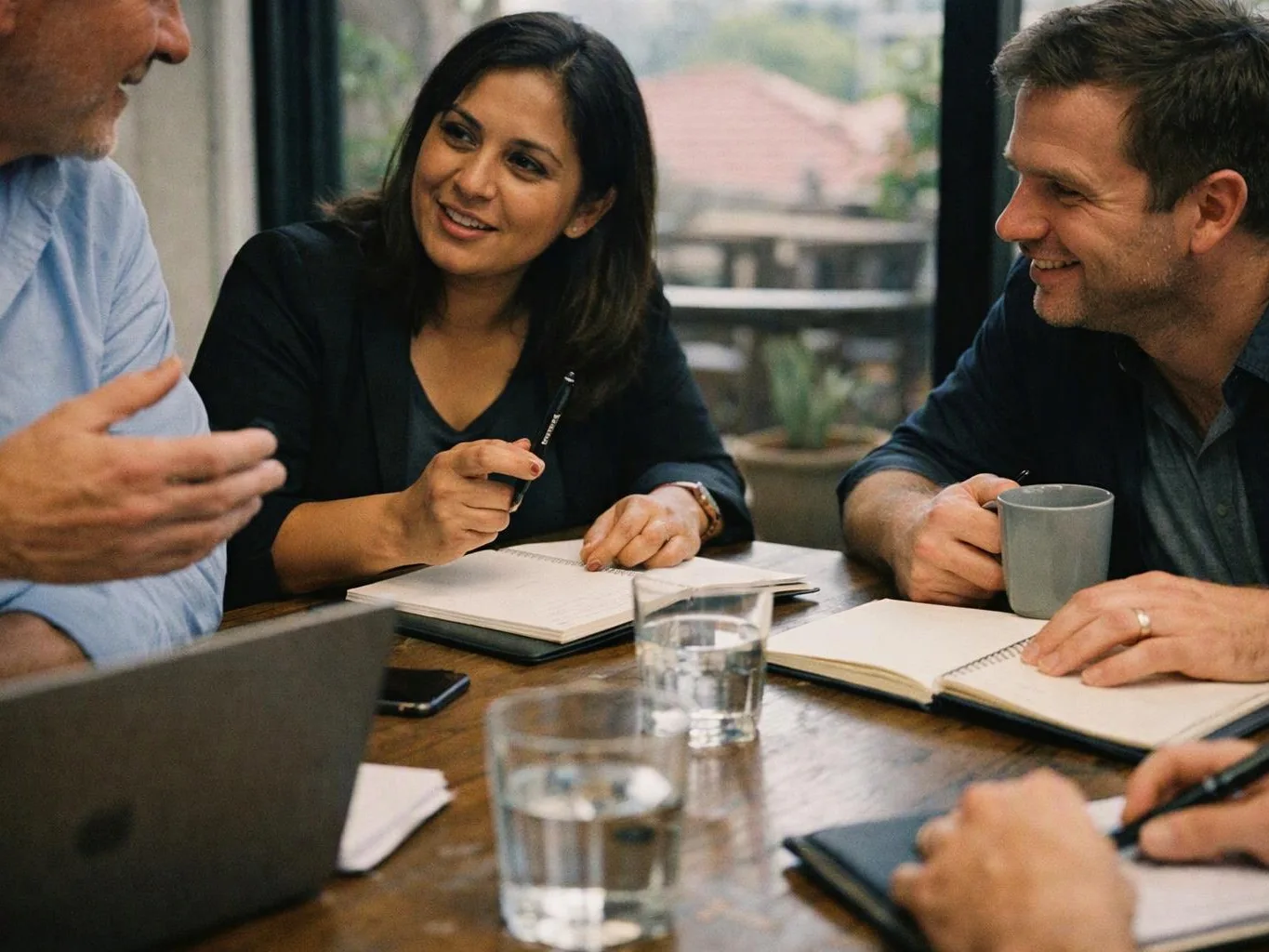 Three coworkers smile and talk around a wooden table with notebooks, a laptop, glasses of water, and a mug