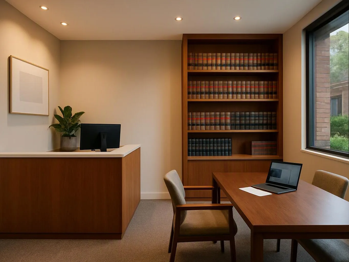 A tidy office shows a desk, laptop, chairs, bookcase, and reception counter beside a window