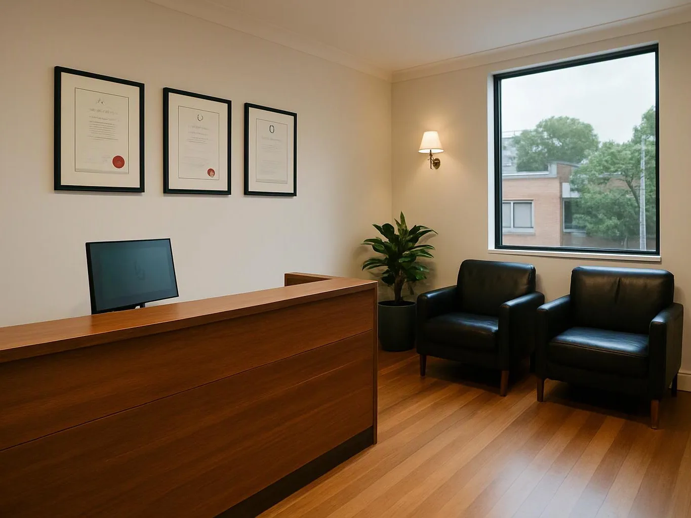 A tidy reception area has a wood desk, black chairs, framed certificates, a plant, and a window view