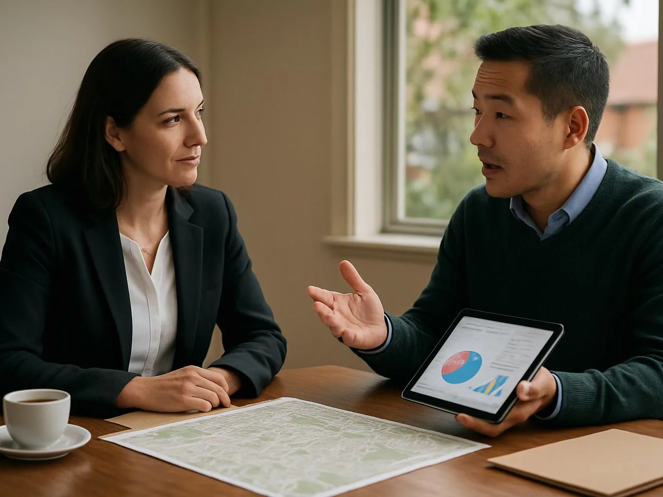Two adults sit at a table, talking over a map and a tablet with charts in a bright room