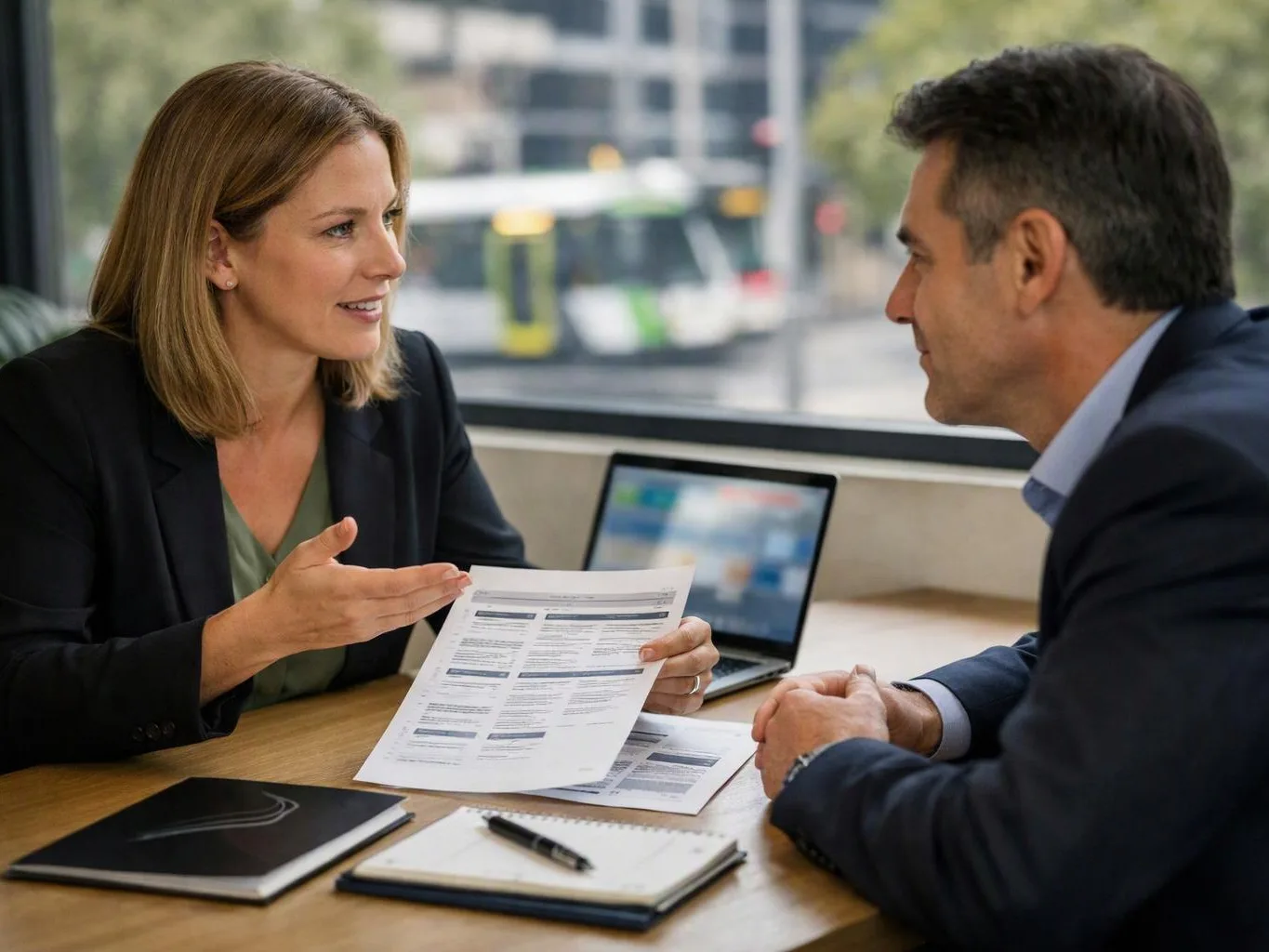Two businesspeople discuss paperwork at a table beside a laptop and notebook in a bright office