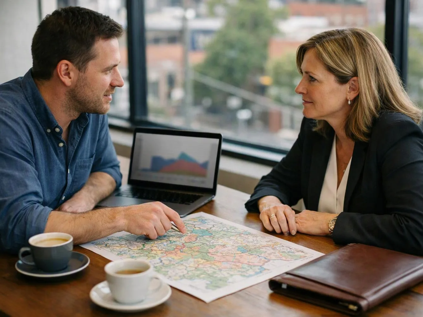 Two coworkers study a colourful map across a table, with a laptop and coffee cups beside them