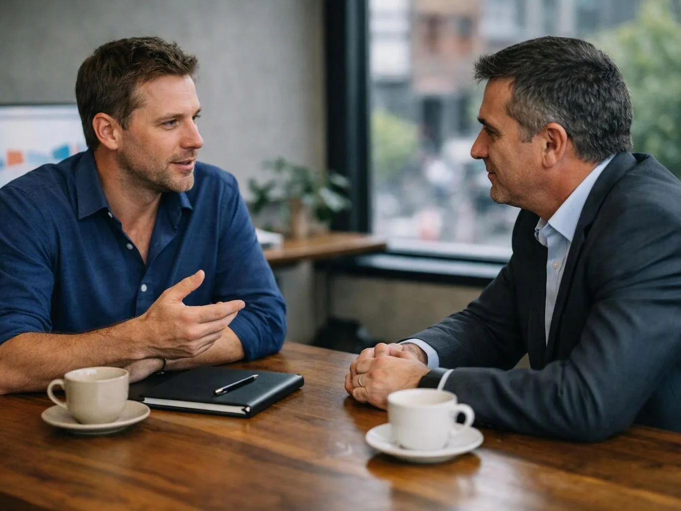 Two men talk across a wooden table with coffee cups, a notebook, and a large window behind them