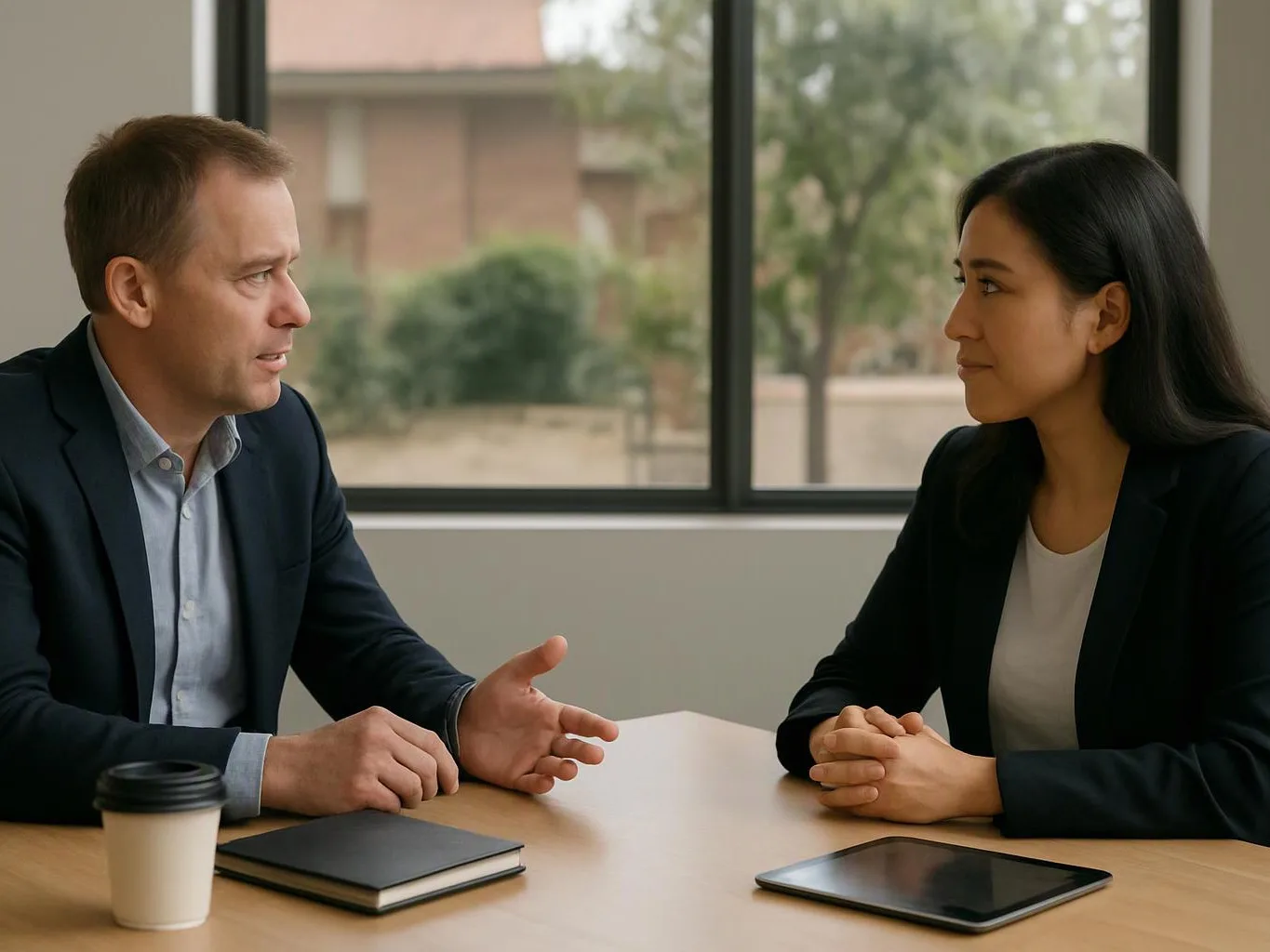 Two people in blazers talk across a table in a bright office, with a notebook, coffee cup, and tablet nearby