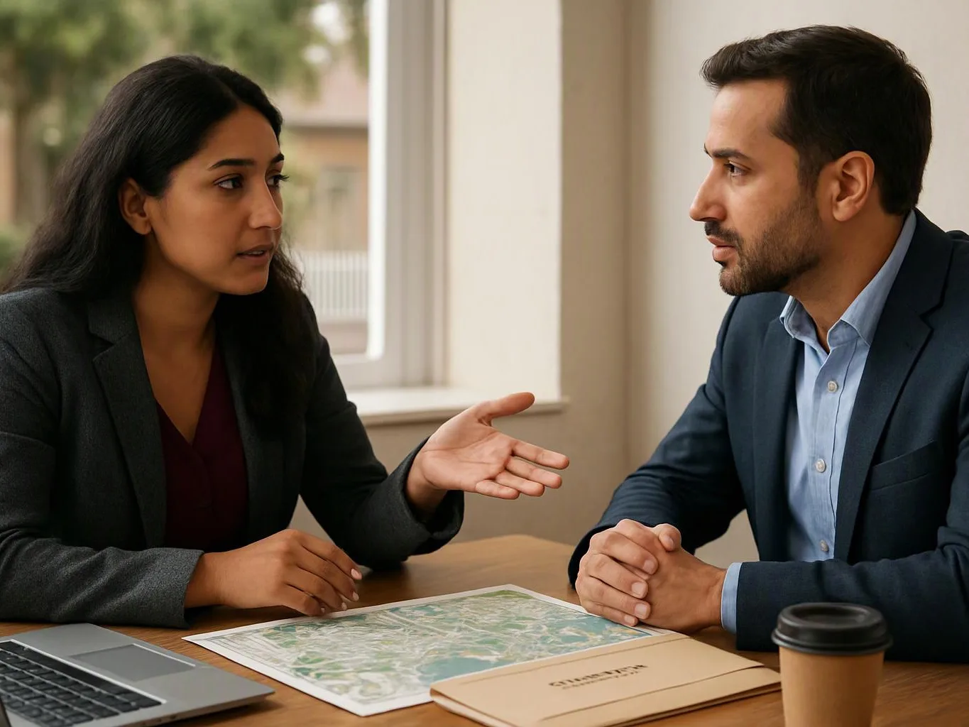 Two people in business clothes talk across a table with a map, a laptop, a folder, and a coffee cup nearby