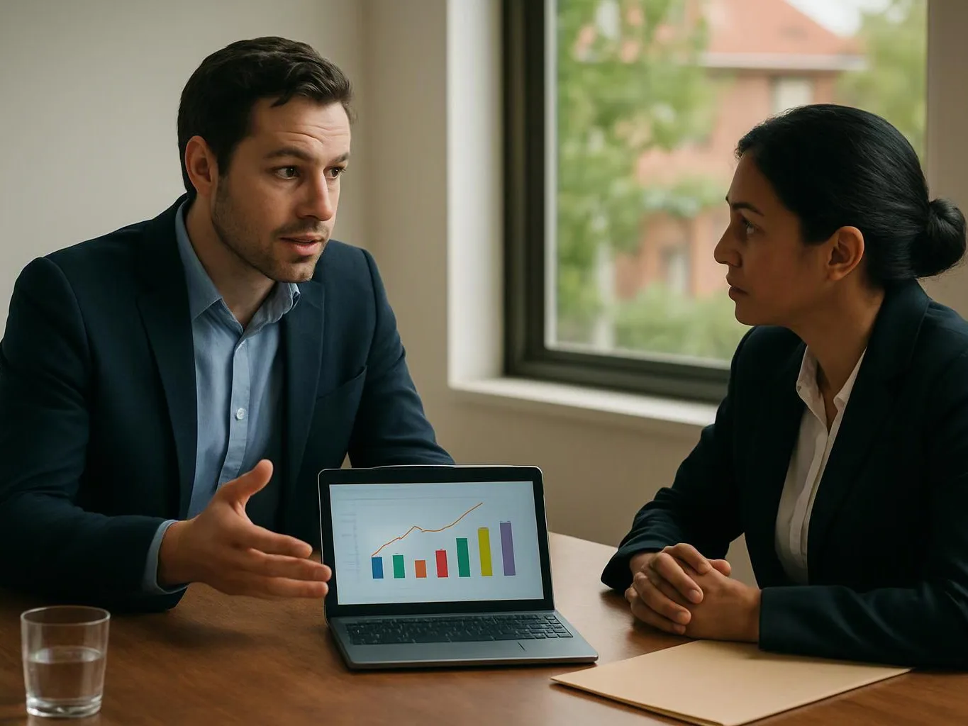 Two people in business clothes talk at a table beside a laptop showing a bar chart with an upward line graph