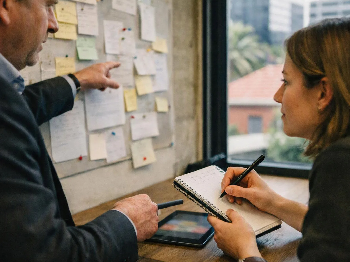 Two people discuss notes on a wall while one points and the other writes in a notebook by the window