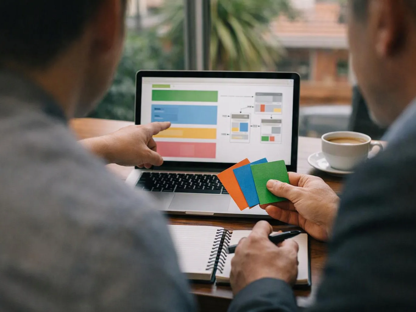 Two people review colorful design cards beside a laptop showing layout blocks at a table with coffee and a notebook
