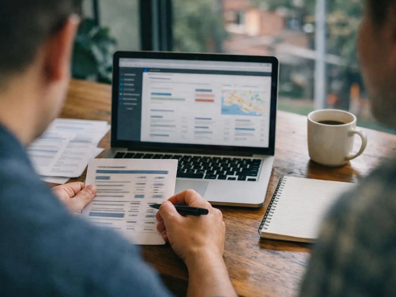 Two people review printed charts beside a laptop, with a coffee mug and notebook on a wooden table