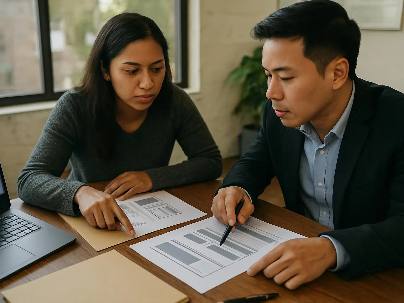 Two people review printed wireframe pages at a wooden table beside a laptop in a bright office