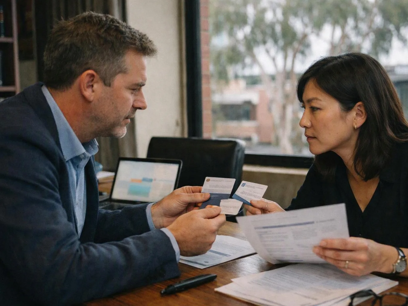 Two people sit across a desk, comparing cards and paperwork in a bright office